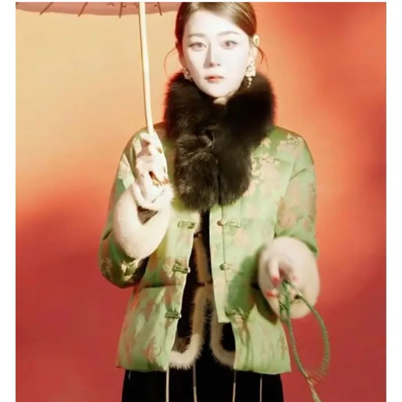 

High-end Buttons Retro Green Thickened Down Jacket Women's Winter New Style Coat Unique and Beautiful New Chinese-style Jacket