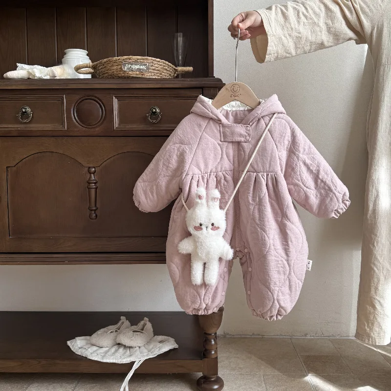 

2025 Cotton Winter Baby Girl Jumpsuit Fleece Lined Thickened New Infant Winter Outing Romper