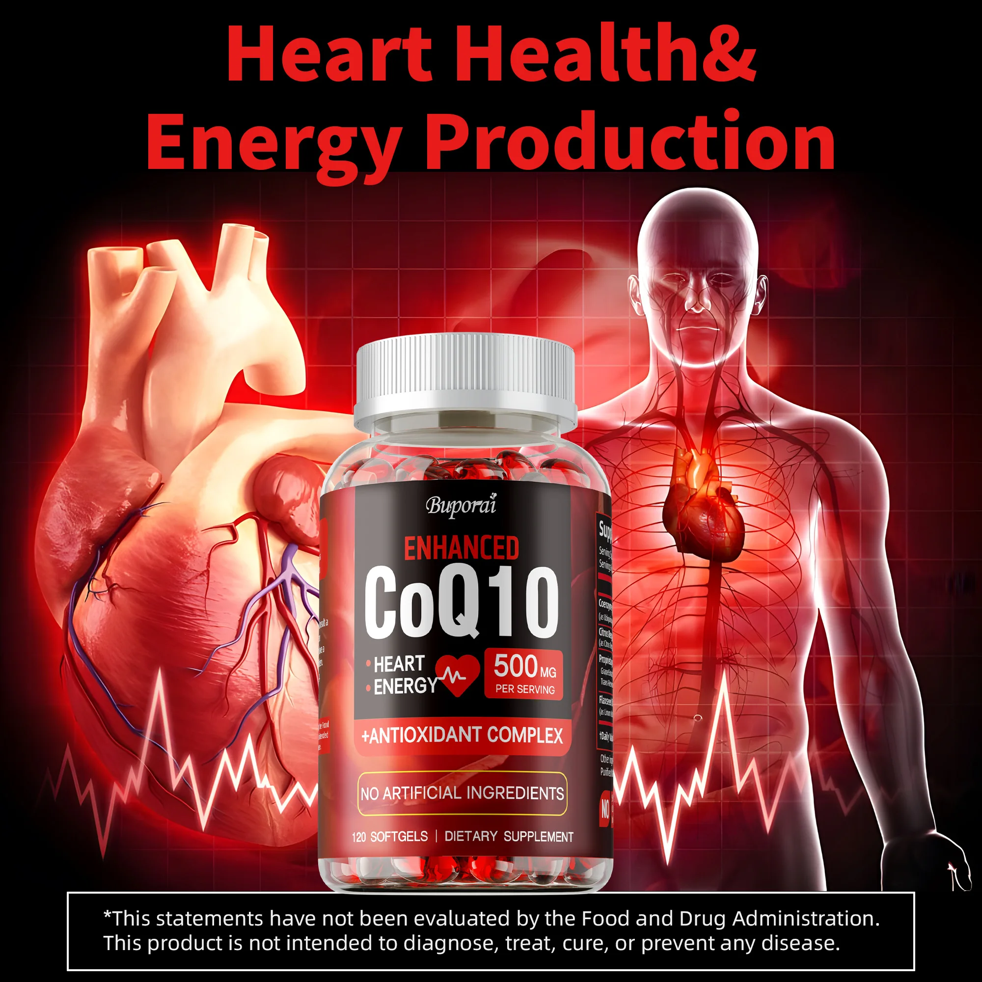 CoQ10 Supplement - Antioxidant, Promotes Heart and Cardiovascular Health, Blood Pressure Balance, Provides Energy