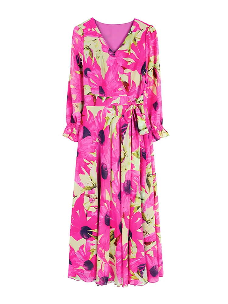 Robe maxi en mousseline de soie à fleurs pour femmes, bohème, nœud, bandage, tambour élégant, décontracté, luxe, soirée, Rh, printemps, automne, 2024