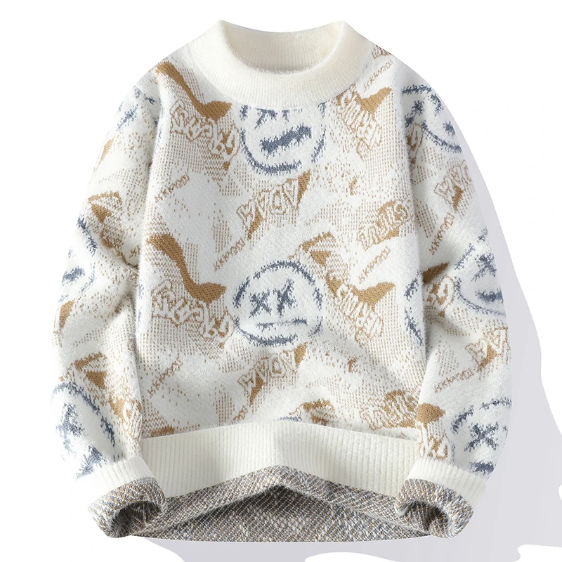 

Autumn Winter Graffiti Men's New Sweater 2025 High Quality Men's Brand Hoodie Warm Knitted Tops High Street Trendy Bottom Shirt