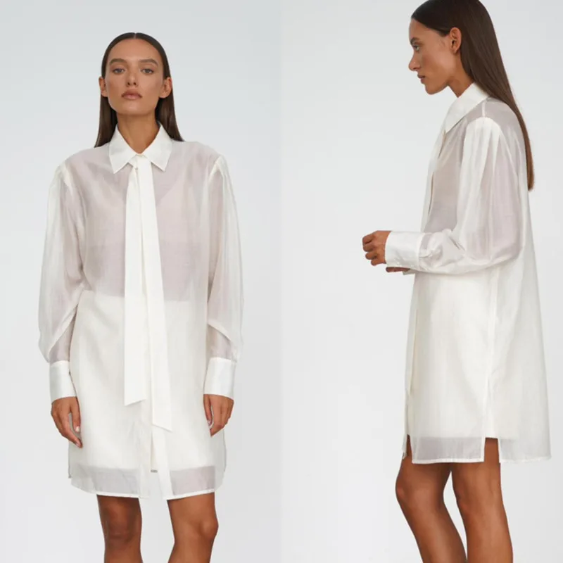 

Summer Sheer Sun Protection Shirt Elegant Solid Color Minimalist Notch Collar Long Sleeve Top Stylish Women Casual Tie Neck Top