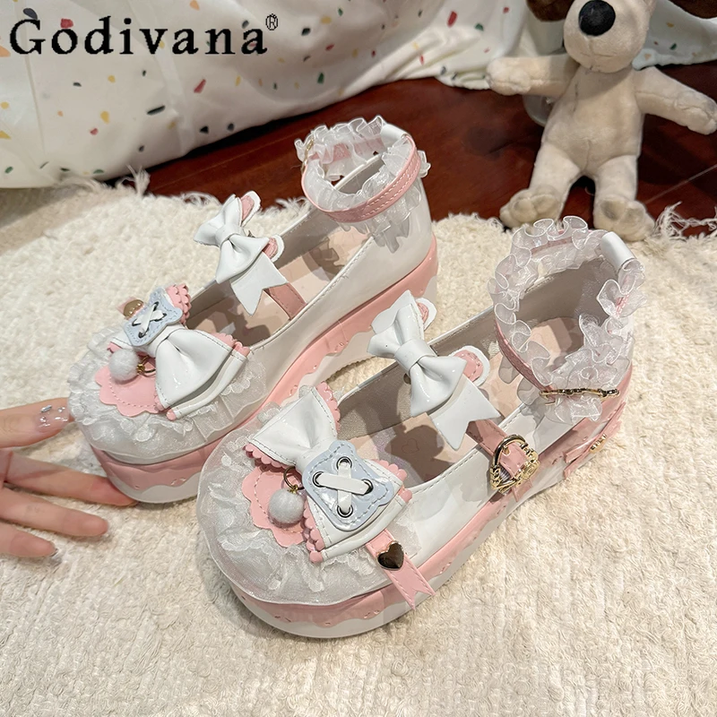 여성용 새 리본 두꺼운 밑창 싱글 슈즈 로리타 일본 스타일 스윗 슈즈 봄 메리 제인 JK 가죽 신발