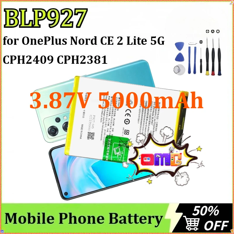 OnePlus Nord CE 2 Lite 5G CPH2409 CPH2381 新しくアップグレードされた交換用携帯電話バッテリー BLP927 3.87V 5000mAh + ツール