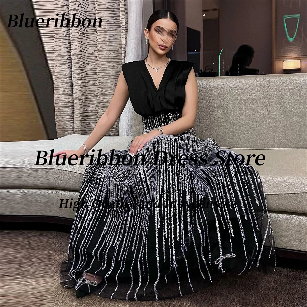 Blueribbon تألق خط طويل فساتين لحضور الحفلات الموسيقية Ruched الخامس الرقبة حفلة عيد ميلاد السيدات ارتداء مخصص فساتين السهرة الرسمية مأدبة