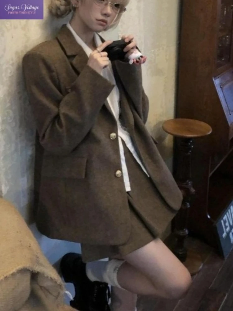 

Korean Fashion Preppy Style Two Piece Set Women Brown Plaid Blazer and High Waist Skirt Autumn Vintage Elegant Casual Outfit