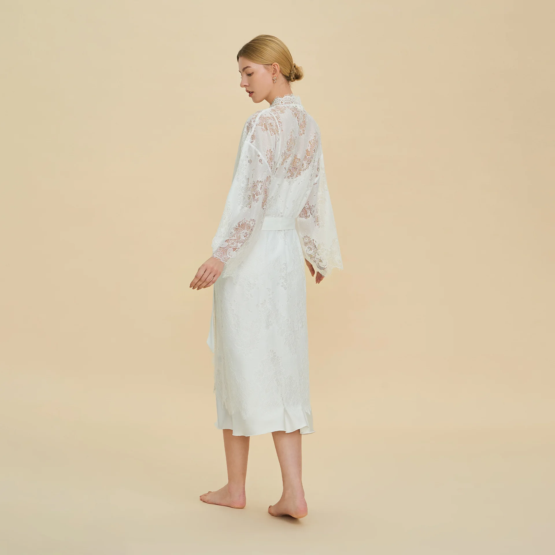 Sexy Perspective Lace Women White Mesh Kimono Sexy Home Dress Sleepwear Underwear Women Robe