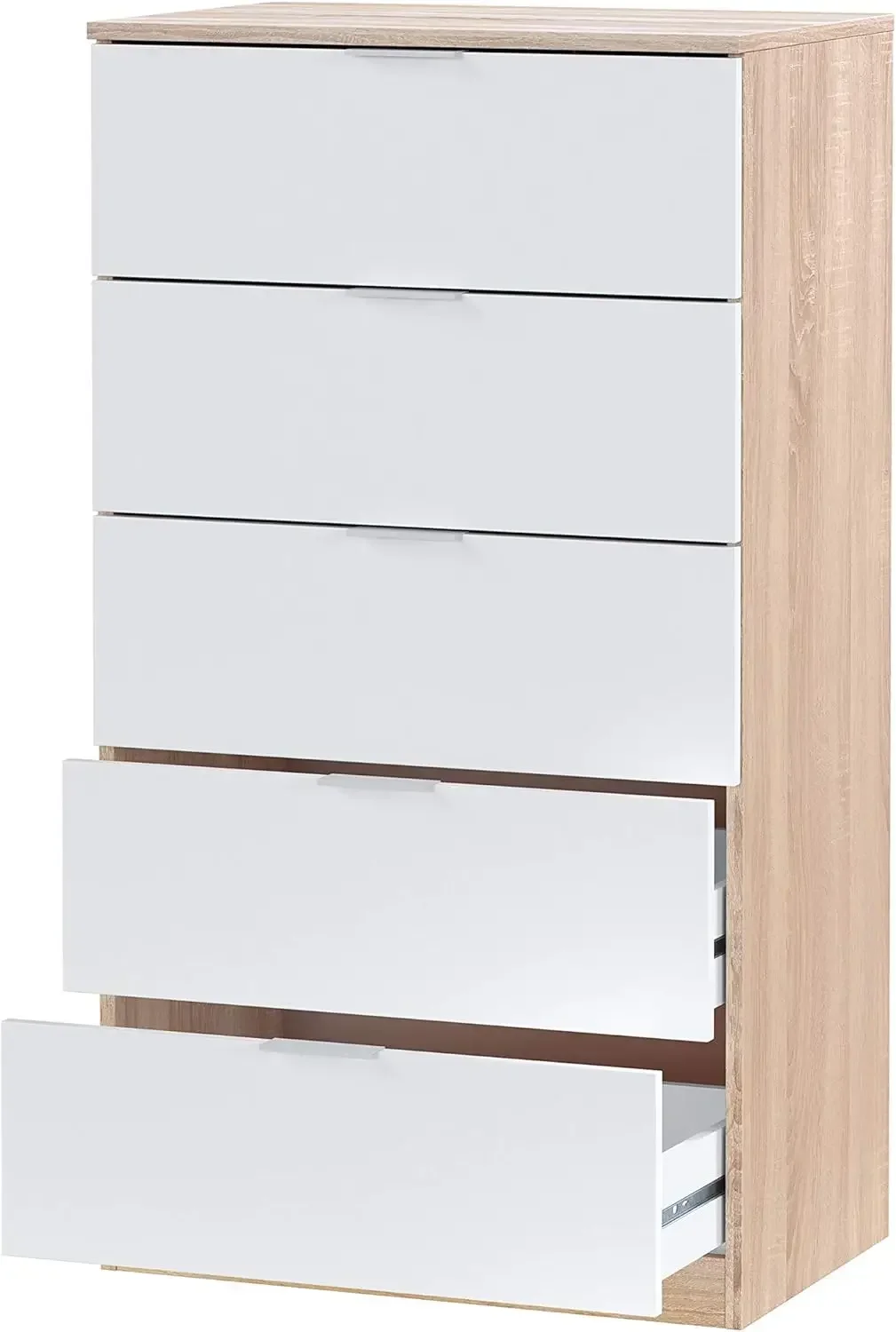 Habitdesign Comoda 5 Cajones, Sinfonier, Modelo Alaya, Acabado en Color Roble Canadian y Blanco Artik, Medidas: 60 cm (Ancho) x