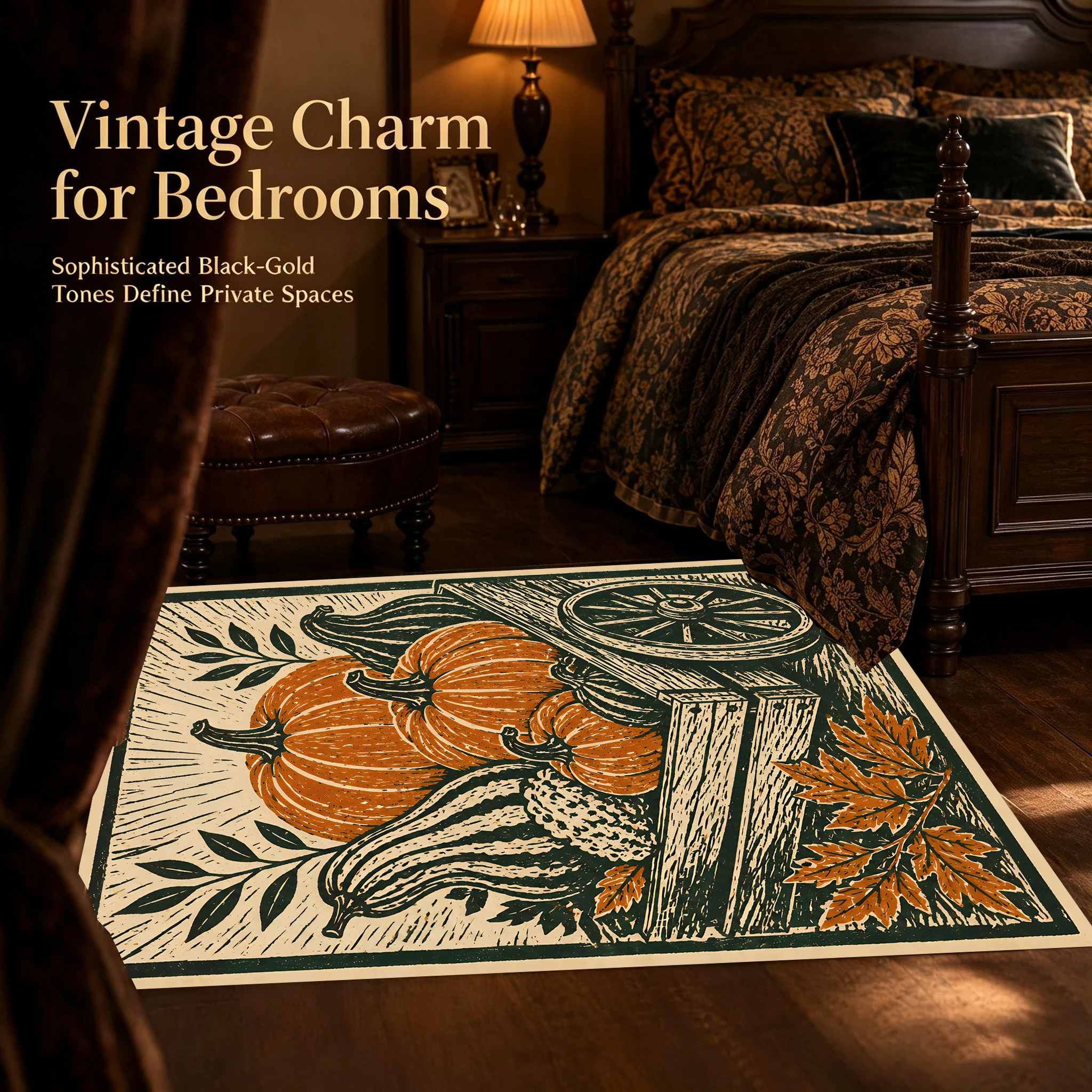Velvet Rug Woodcut Pumpkin Cart Harvest Print American Pastoral for Entryway Bedroom Bedside Home Decor
