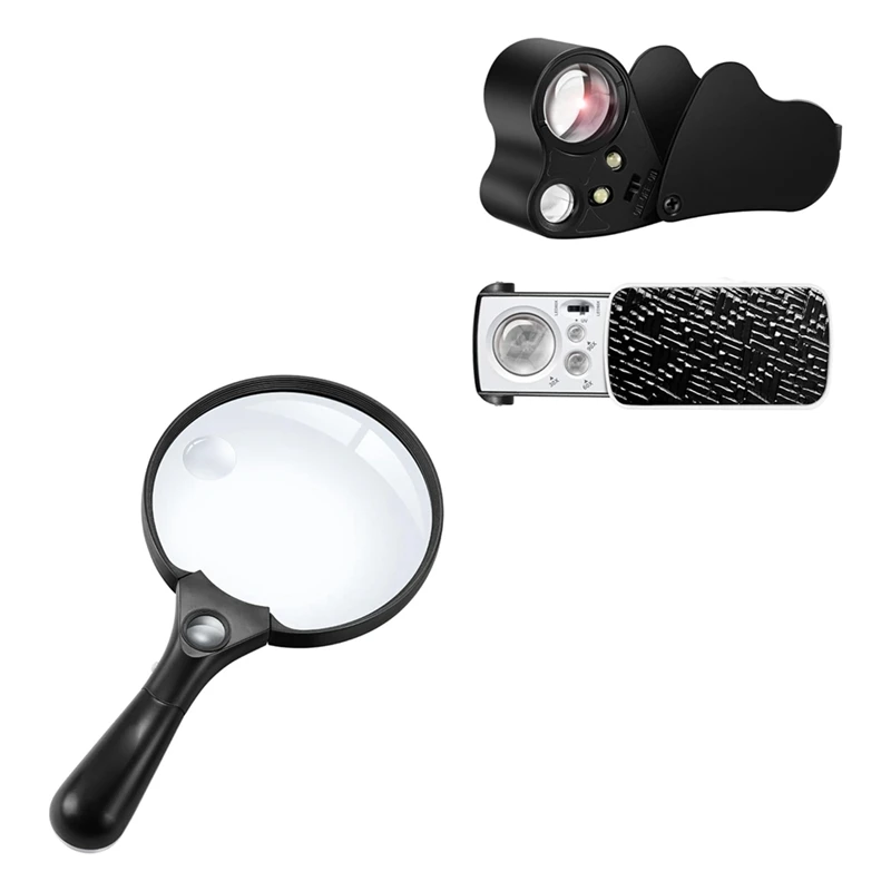 2 Pack 30X 60X 90X Jewelers Loupe Bundle With 10X 20X 45X Large Magnifying Glass With Light Plastic For Seniors Reading