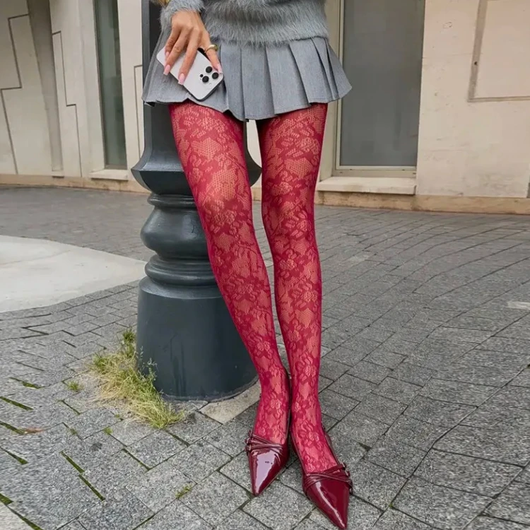 Retro Bodystockings European Style Fishnet Tights for Women Sexy Lingerie Erotic Charming Flower Pantyhose Black White Wine Red