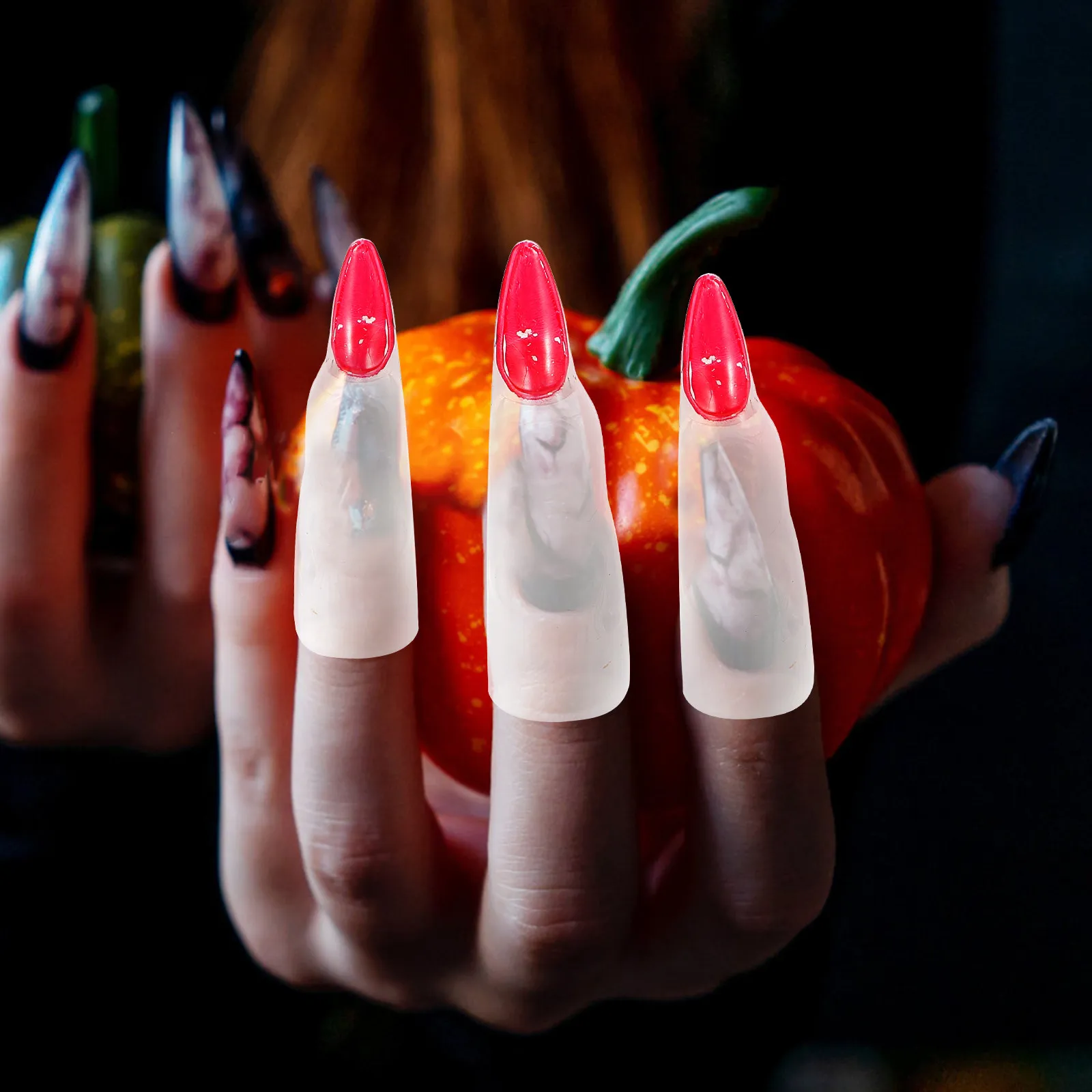 10Pcs Glowing Witch Fingers Fake Nails for Halloween Spooky Scary Props Realistic Cosplay Costume Accessories Night Light Decor