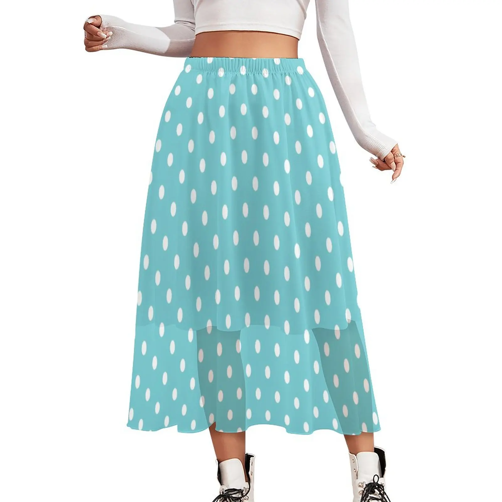 

White Polka Dots Skirt Female Vintage Print Vintage Long Skirts Custom Elastic Waist Y2K A-line Skirt Large Size