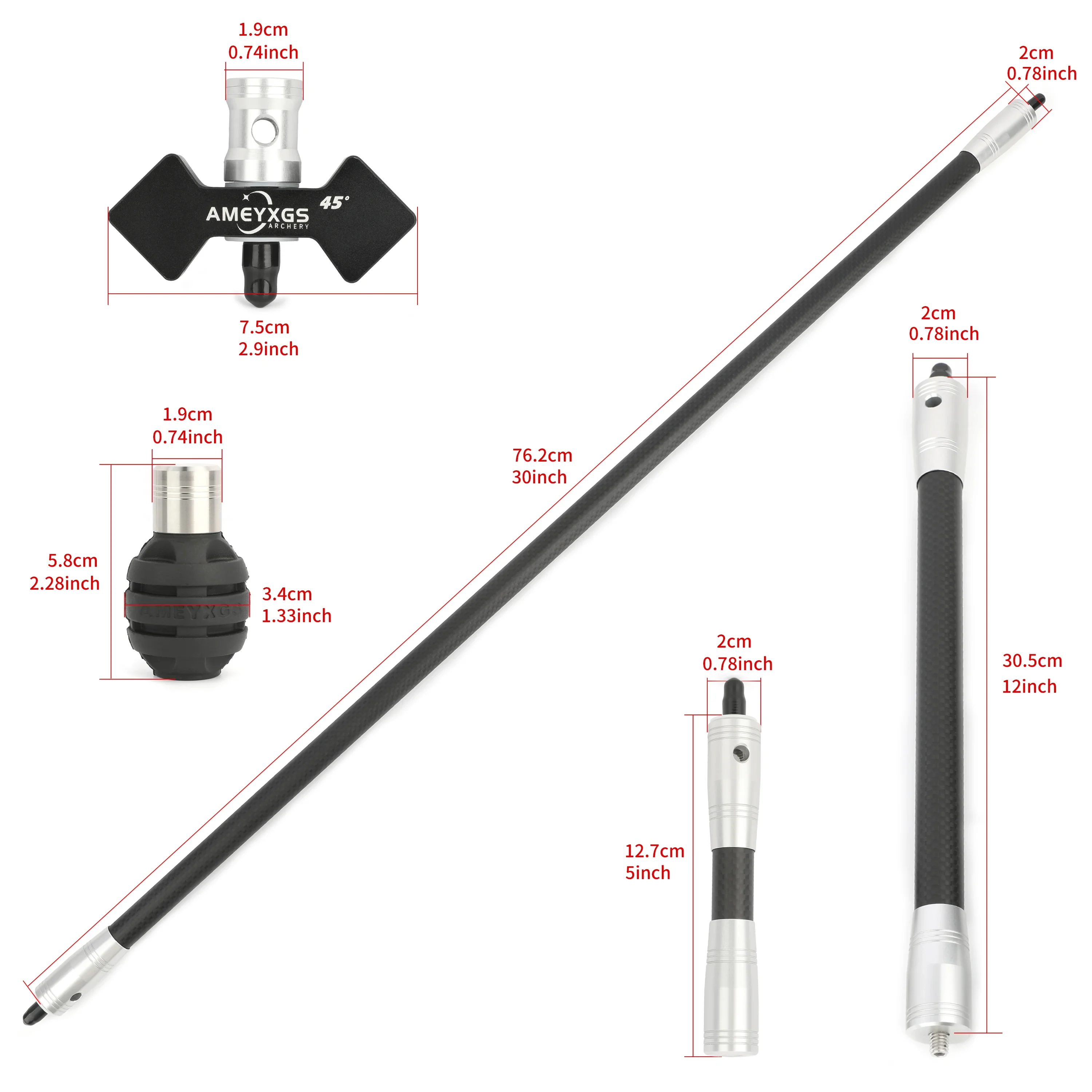 Barre d\'équilibre de tir à l\'arc, fibre de carbone 3K, 30, 28, 12, 10, 5, 4 pouces, 40 °, 45 °, barre en V, système de stabilisateur d\'arc