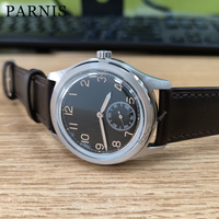 Parnis 38mm Seagull 1701 Automatic Mechanical Convex Hardlex Men Watch Black Dial Leather Strap 2024 Year