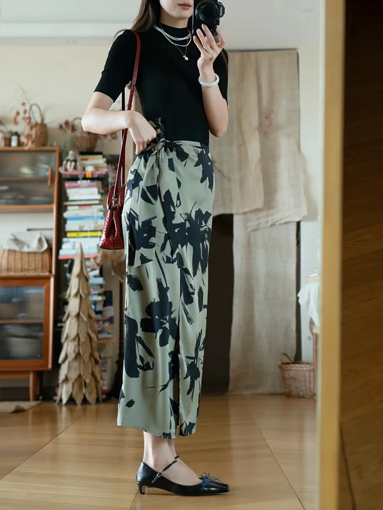 

Ретро-юбка миди в китайском стиле с принтом водной росписи, с поясом, с цветочным узором, с завышенной талией, А-силуэт, для женщин, летняя коллекция