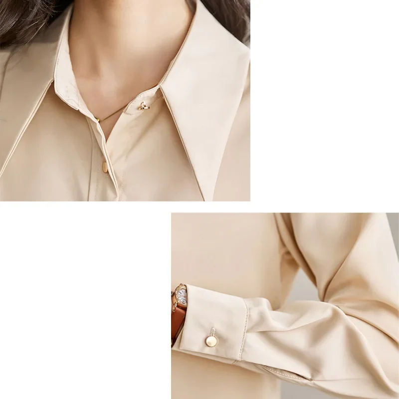 2025 senhora do escritório nova manga longa turn down collar camisa feminina branco preto cetim camisa blusa feminina topos de mujer n621