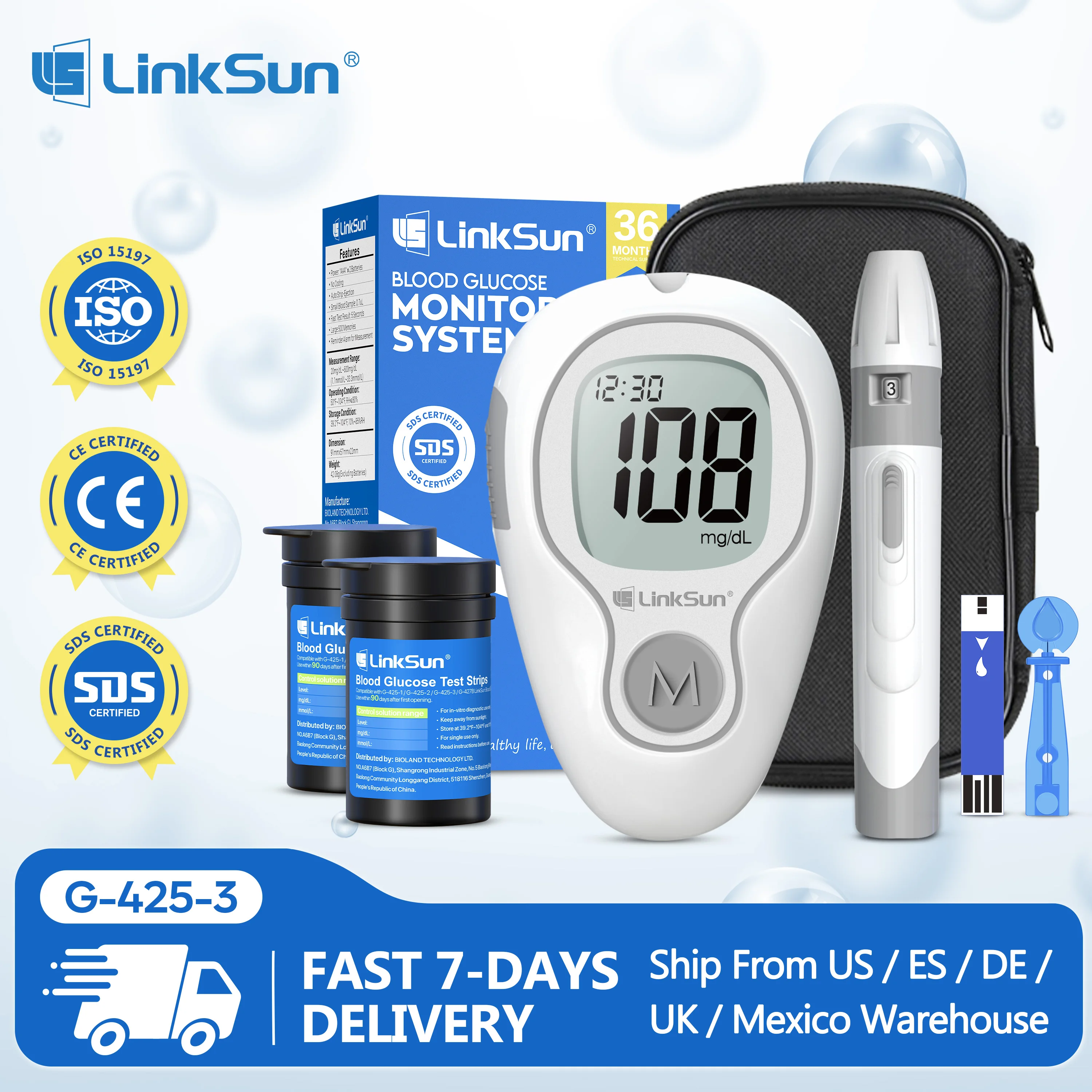 LinkSun medidor de glucosa en sangre G-425-3 glucómetro sin código para prueba de Diabetes 10/50/100 Uds tiras lancetas azúcar en sangre médica mg/mmol