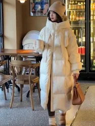 White Duck Down Long Jacket  2024 New Winter Fashion Women Hooded Thick Two Zippers Warm Down Coat Female Loose Casual Overcoat