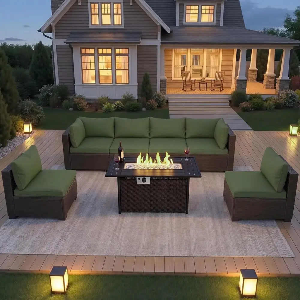 

8-Piece Outdoor Wicker Seating Set with 44 Gas Fire Pit Table for Relaxing Backyard, Poolside, and Garden Gatherings