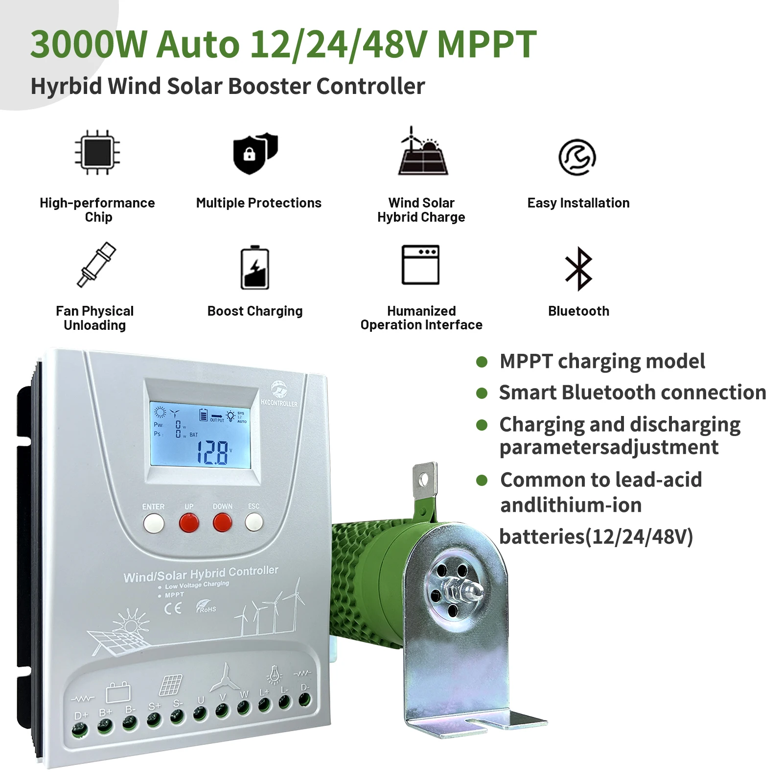 3000W 12V 24V 48V MPPT Solar Charge Controller Wind Solar Hybrid Charge Controller Regulator For Lifepo4 Lithium For Turbine PV