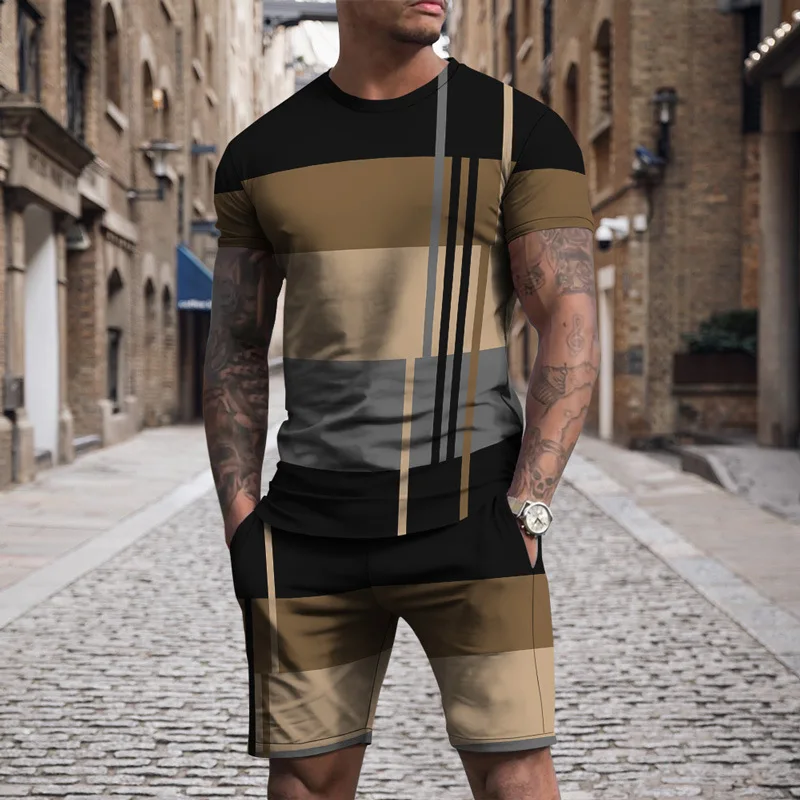 

Summer New Men's Sportswear Stripe Sets Short-sleeved T-shirt Suit Oversized Shorts Sports Two-piece Outfit Male Clothes