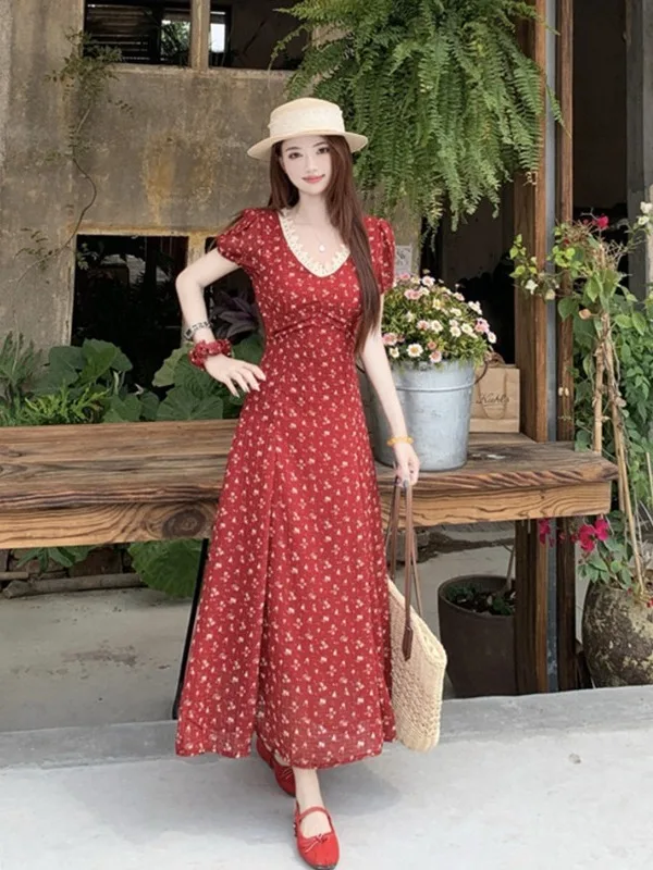 

Новое летнее женское макси-платье больших размеров с цветочным принтом, V-образным вырезом, коротким рукавом, А-силуэтом, приталенное, в корейском стиле, для повседневной носки