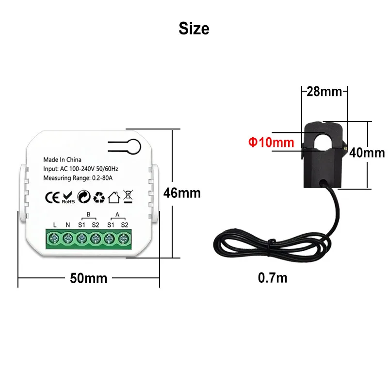 Medidor digital inteligente ZigBee 2 canales 1, 2 canales con transformador de corriente bidireccional clip tuya fuente de alimentación del monitor