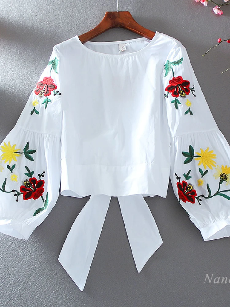 Vintage Flower Embroidery Long Lantern Sleeve Shirt Woman High Waist Loose Bow Back Cropped Cotton Blusas All-Match Tops Femme