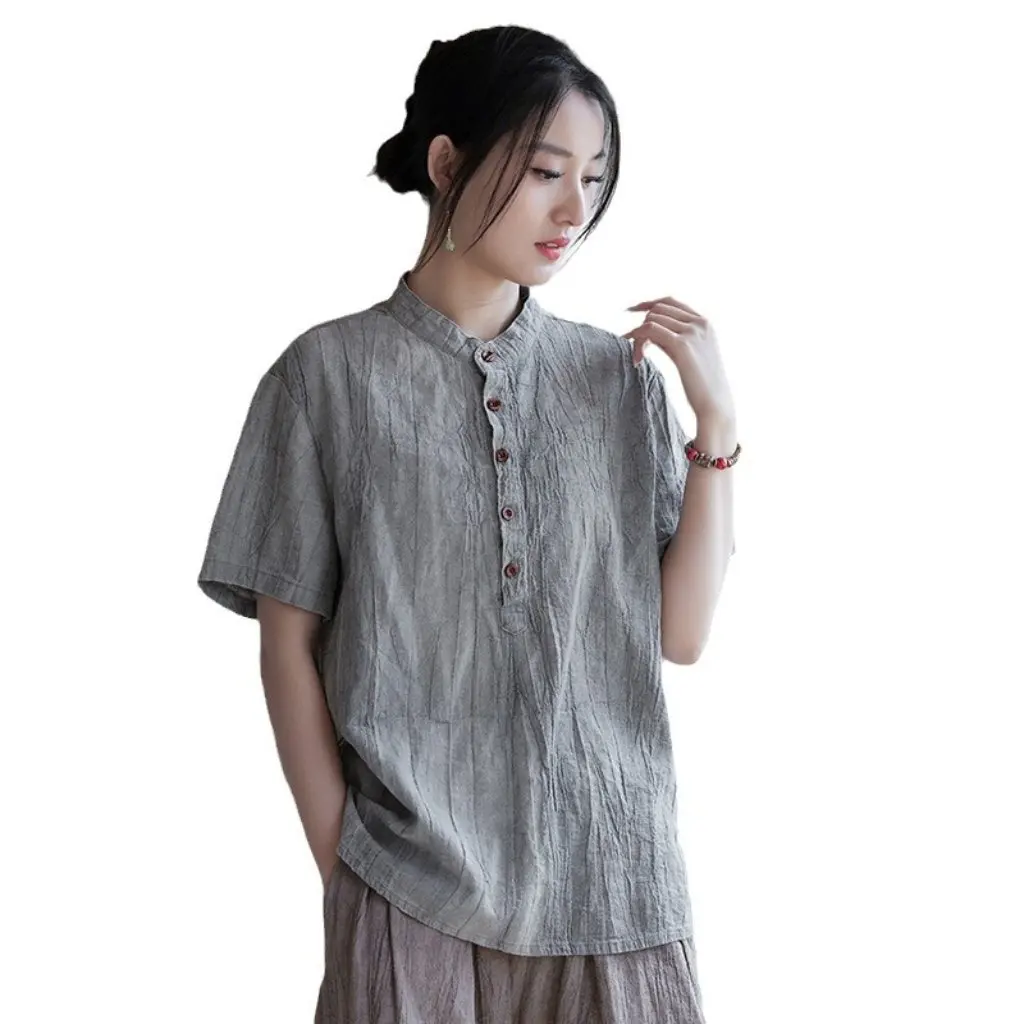

Autumn Women's Ramie Tie-Dye Top Short-Sleeve round Neck T-Shirt Artistic Personality Half-Sleeve Women's Shirt