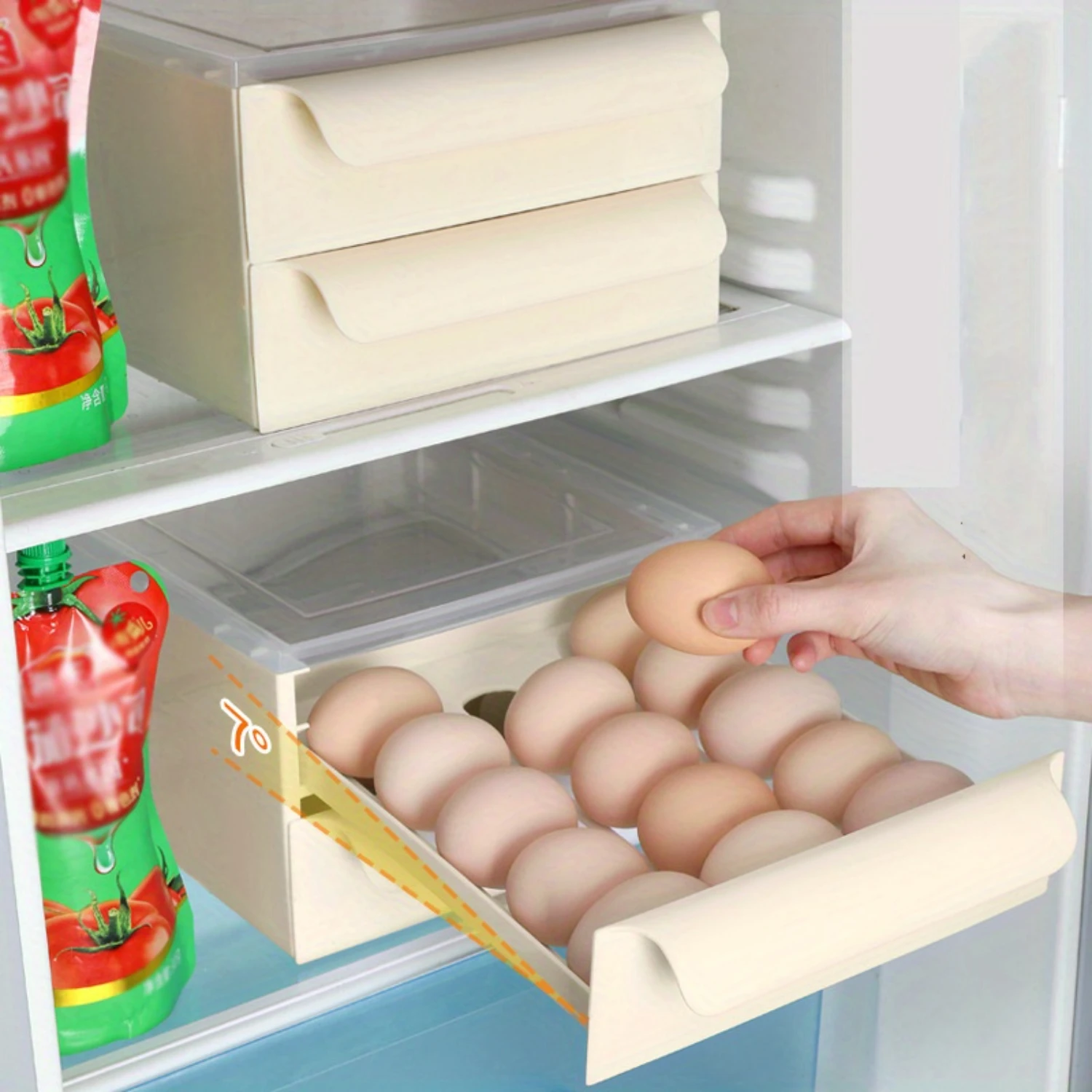 Efficient Double-Layer Egg   Space-saving, Large-capacity Automatic Rolling Refrigerator Egg Rack, Can Hold 30 Eggs - Perfect fo