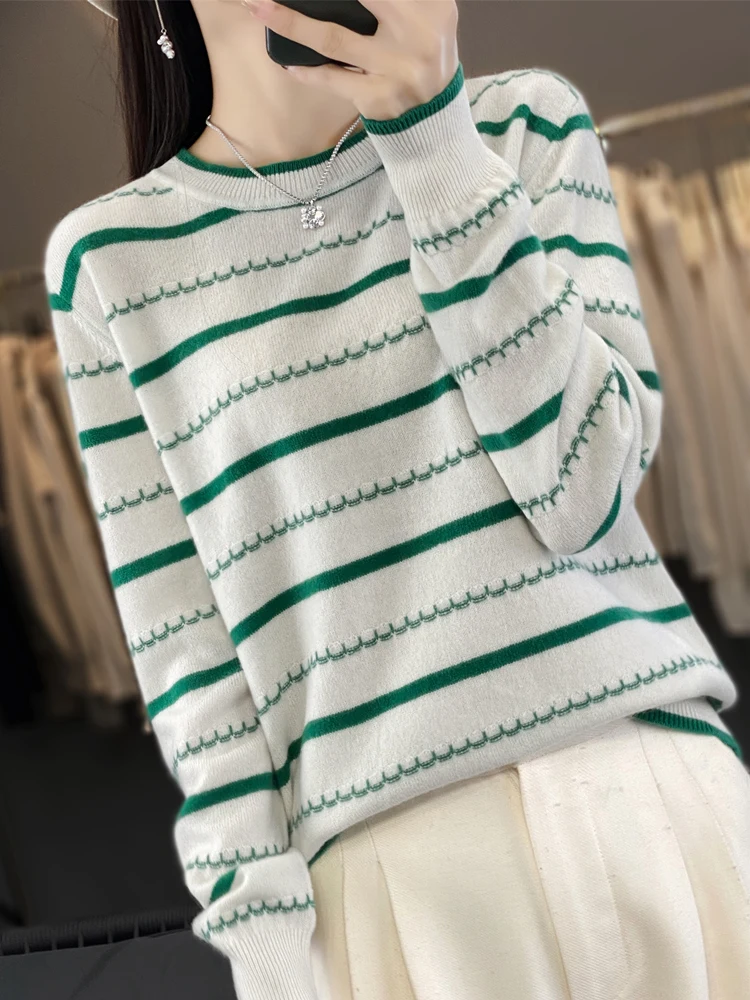 

2025 New Fall Winter Sweater Pullover O-Neck Long Sleeve Stripe Tops Women's High Grade Fashion Comfortable Leisure Sweater Top