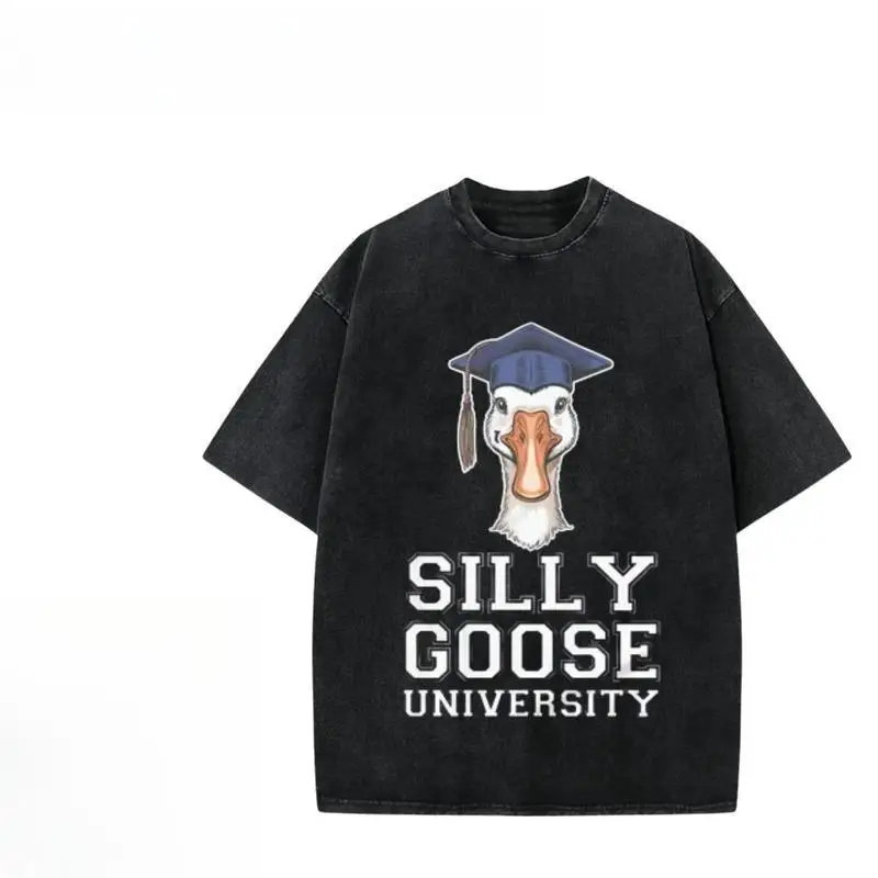 

Washed Vintage Oversized T Shirt Funny Slogan Silly Goose University Graphic Tees Loose Fit Summer Harajuku College Style Top