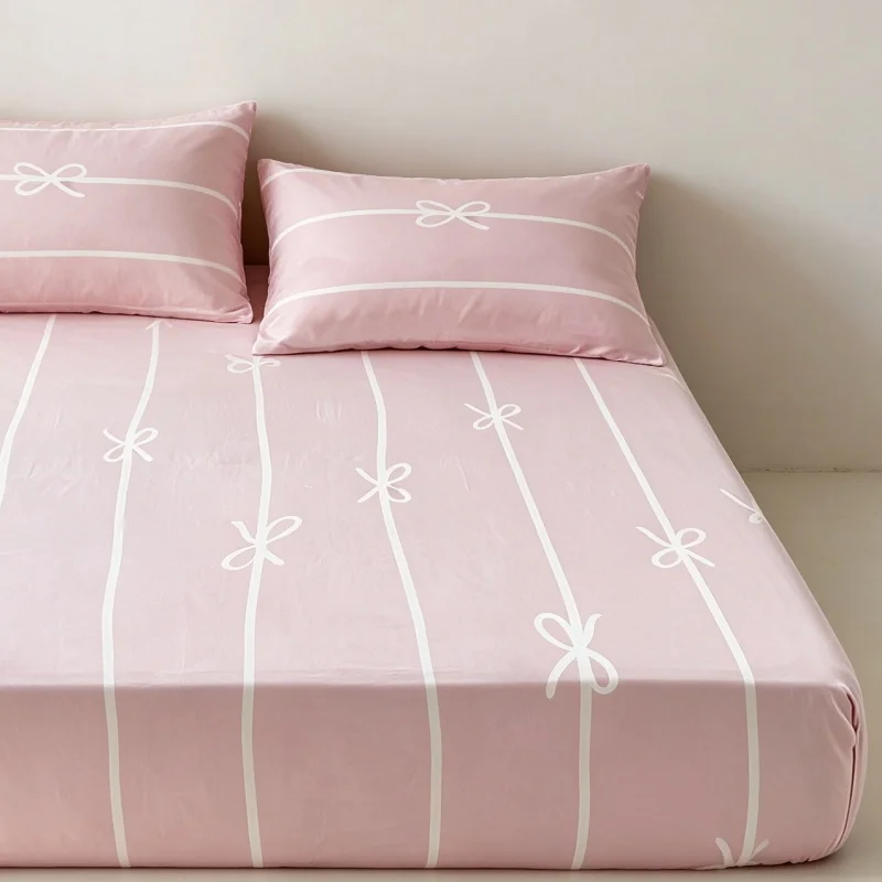 100% cotton bow 3Pcs Fitted Bed Sheet With Elastic Band Anti-slip Adjustable Mattress Cover (Pillowcase without pillow core))