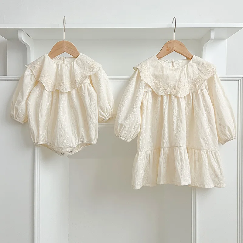

Autumn Girls' Dress Baby Girl Romper One-Piece Embroidered Big Collar Dress Sister Outfit Spring