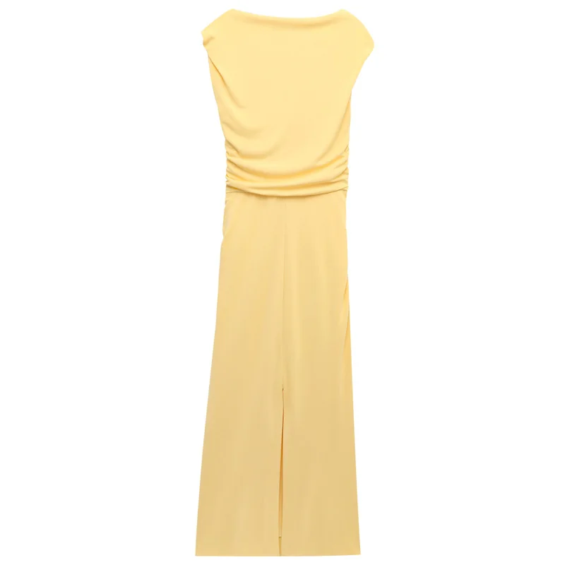 HXAO Women's Ruffled Yellow Dress Summer 2025 Elegant Asymmetric Beach Holiday Resort Dress Midi Sleeveless Slit Ruched Vestidos