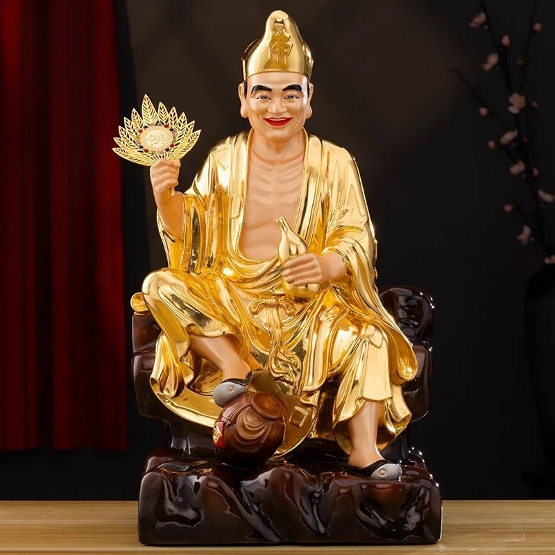 CZ Jigong Buddha Statue Pure Copper Gold Household Offering Dragon Subversion Epileptic Monk Li Xiuyuan Ornament