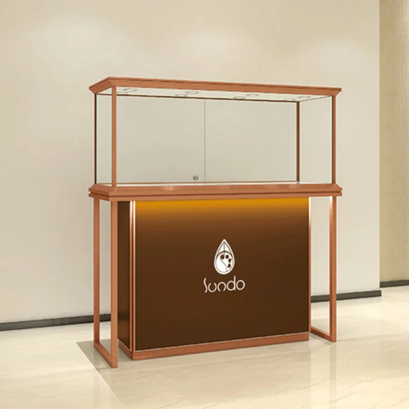 custom.China Factory SUNDO Tempered Glass & Metal LED Light Customizable Jewelry Display Cabinet Jewelry Retail St