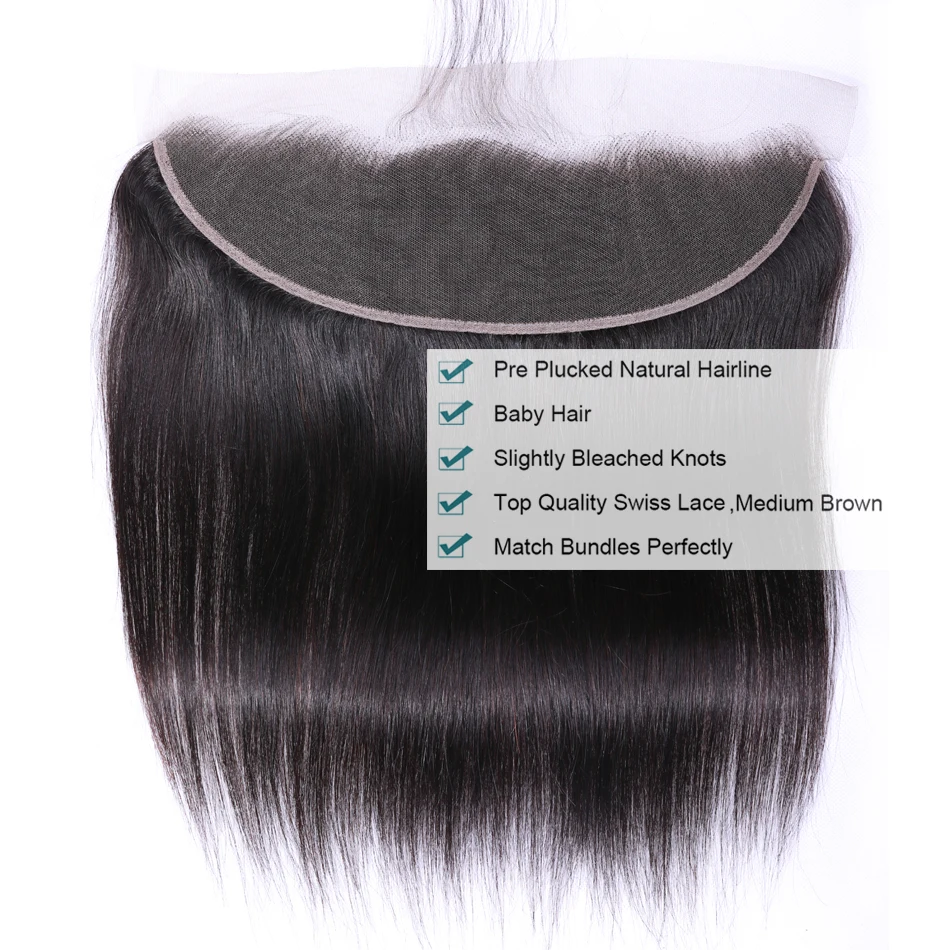 Extensiones de cabello humano liso para mujer, mechones con malla Frontal transparente de 13x4, 3 mechones brasileños con cierre