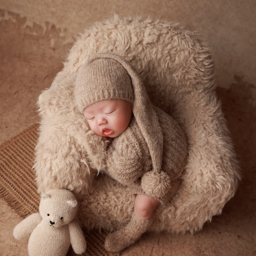 Roupas de malha para sessão de fotos de recém-nascidos, top de manga longa, macio, curto, chapéu, meias, branco, infantil, roupas fotográficas, traje para recém-nascidos