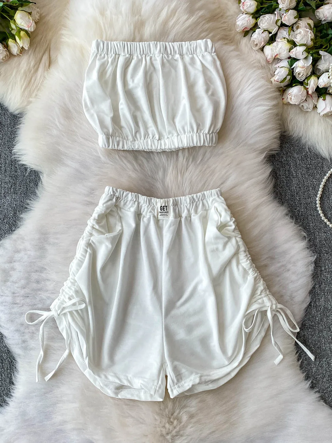 

Pure Desire Sexy ort Эластичный плиссированный топ без рукавов Жилет Топ Комплект из двух предметов Утягивающий орты Dstring Faionable Женский комплект