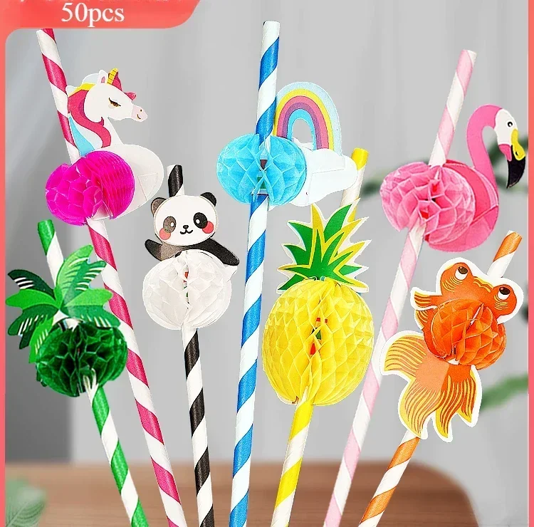 50pcs Disposable Creative Paper Straw Party Desserts Eco-friendly Straws Juice Drinks Artistic Shapes Pineapple 3D Decorations