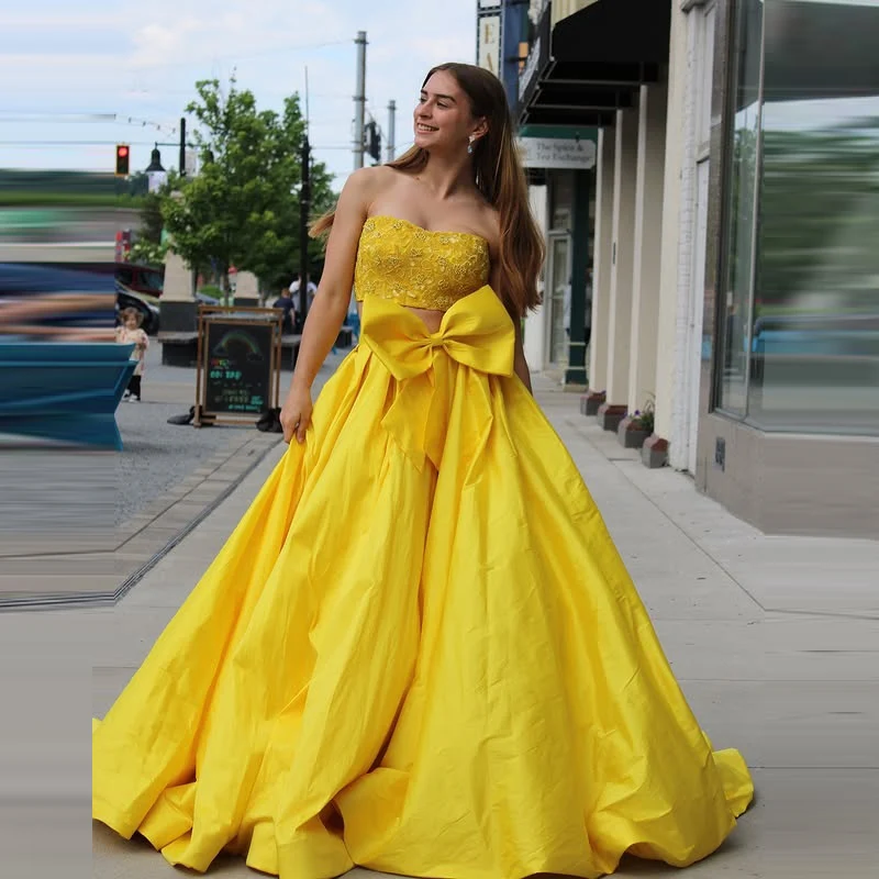 

Yellow Satin Long Skirt With Big Bow Hig H Waist A Line Floor Length Lady Skirt To Party Women Elegant Skirts