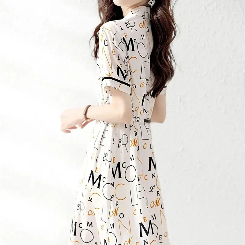 Female Clothing Letter Printed Dresses Stylish Sashes A-Line Summer New Commute Short Sleeve Spliced Casual Polo-Neck Midi Dress