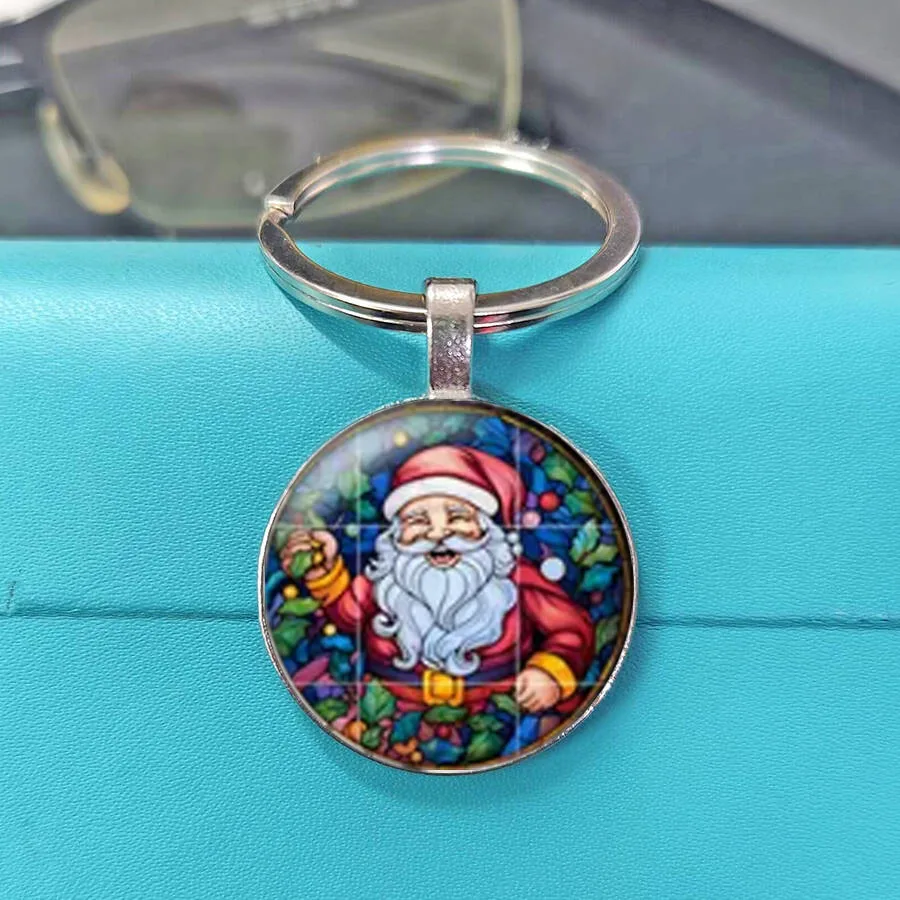 Vintage Stained Window Santa Snowman Keychain Color Poinsettia Xmas Stained Glass Keyring Backpack Decor