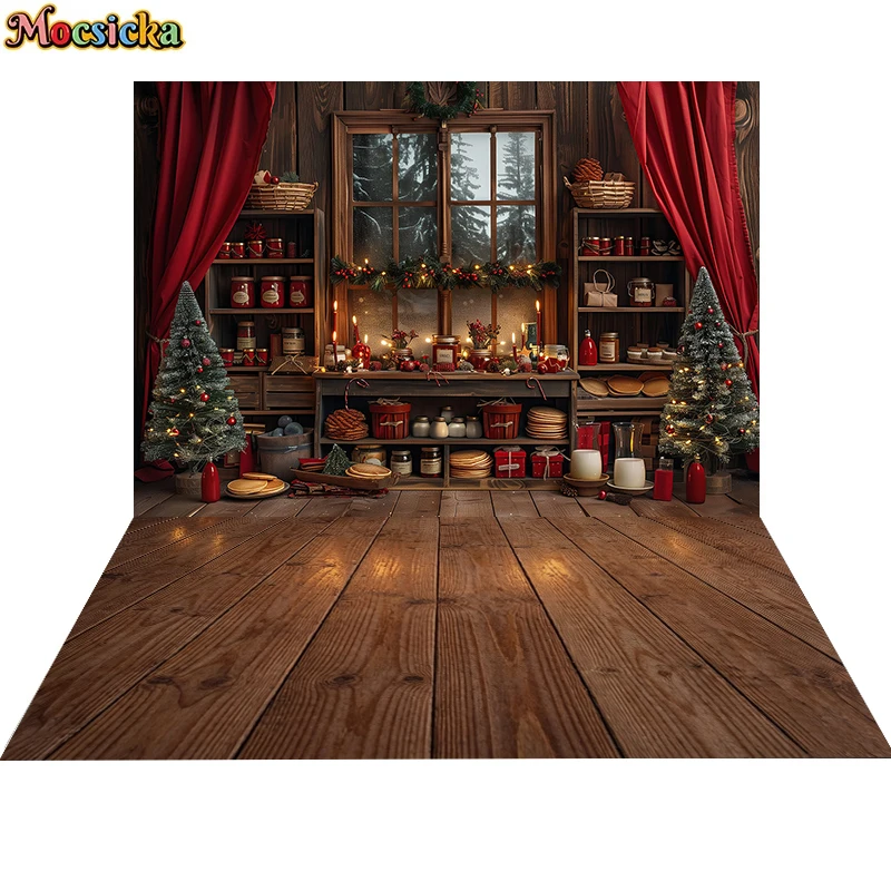 Mocsicka Christmas Decorations Photography Backdrop Vintage Cabin Xmas Red Drapes Window Shelf Background Kids Party Photo Booth