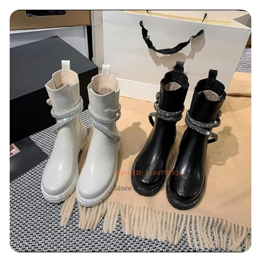 Sparkling Micro Rhinestones Snake Head White Leather Combat Boots Women Elastic Band Low Heeled Mid Calf Short Bota