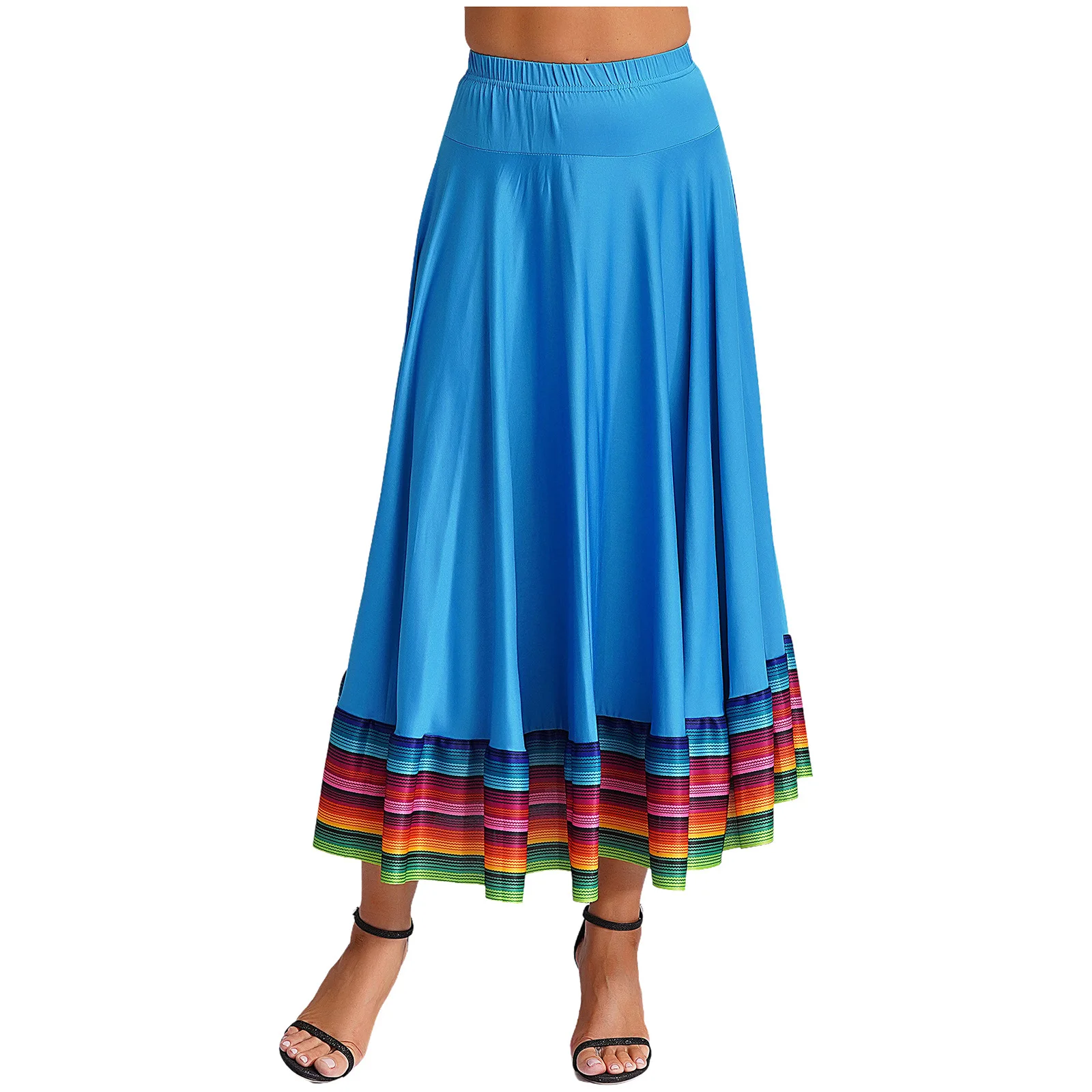 Womens Spanish Mexican Flamenco Folk Dance Skirts Stripe Hem Wrinkle Long Swing Maxi Skirt Ballroom Dance Performance Costume