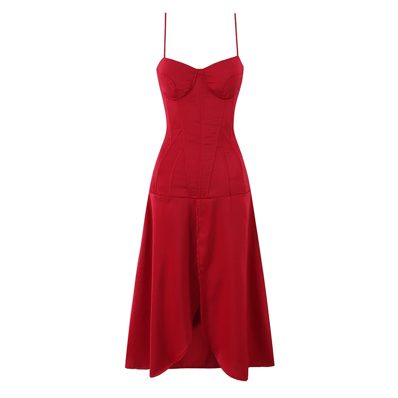 YENKYE Damen-Korsett-Kleid in Weinrot mit Spaghettiträgern, sexy Midikleid mit hohem Saum und Schlitz vorne, Abendkleid mit Schnürung am Rücken