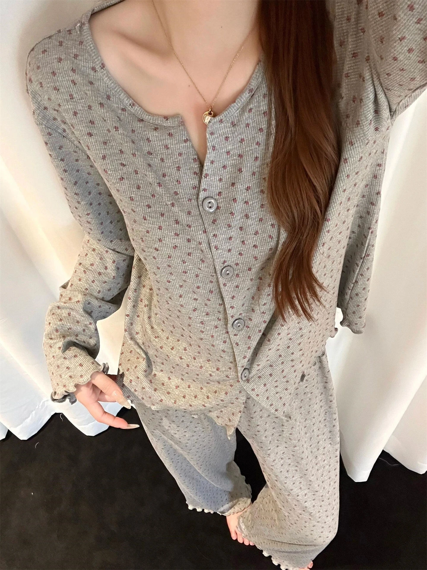 Women Bow Print Pajama Set Long Sleeve Button Top & Pants 2Pcs Autumn Soft Loungewear Soft Comfortable Sleepwear Home Clothes - view 2